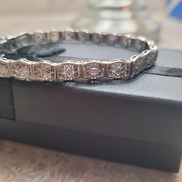 Art Deco Diamond Amethyst Filigree Antique Bracelet 10k White Gold Price is Firm - Picture 11 of 16